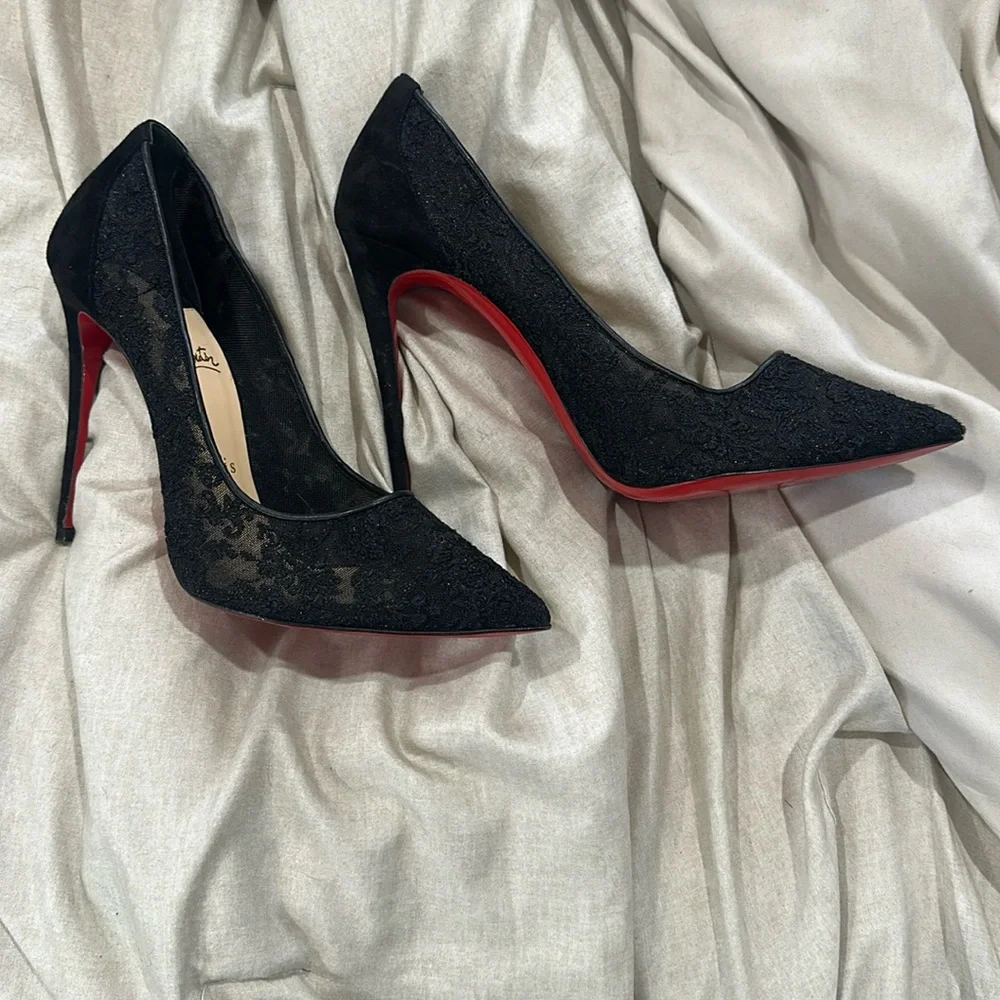 Christian Louboutin Black Lace Pointed-Toe Red Sole Pumps - Picture 2 of 11